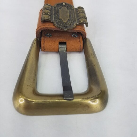 Leather Belt Women M Brown Top Grain Western Brass Buckle Medallion 29"-32" VTG - Picture 3 of 12